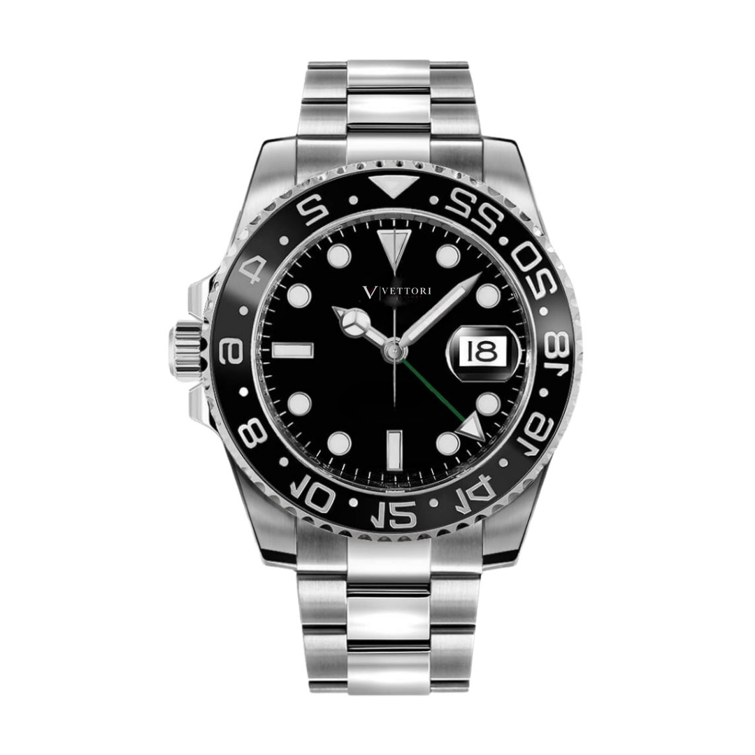 Vettori Dual Time 40mm – Black Dial | Steel Bracelet & Black Ceramic Bezel