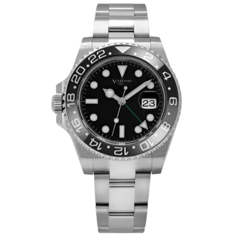 Vettori Dual Time 40mm – Black Dial | Steel Jubilee Bracelet