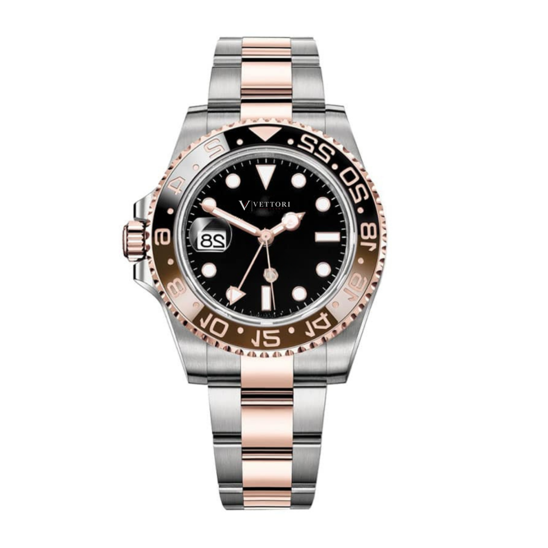 Vettori GMT Traveller 40mm – Black Dial | Bicolor Stainless Steel & Rose Gold Tone Bracelet with Brown-Black Ceramic Bezel