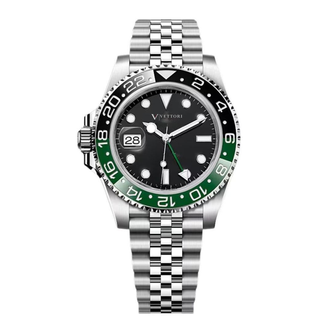 Vettori GMT Traveller 40mm – Black Dial | Stainless Steel Jubilee Bracelet & Black-Green Ceramic Bezel
