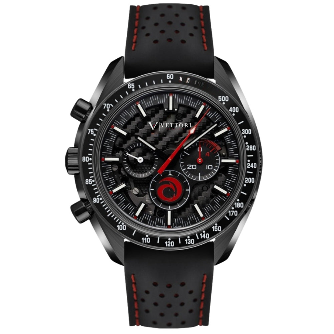 Vettori Dark Chronograph 44mm – Black Skeleton Dial with Red Accents