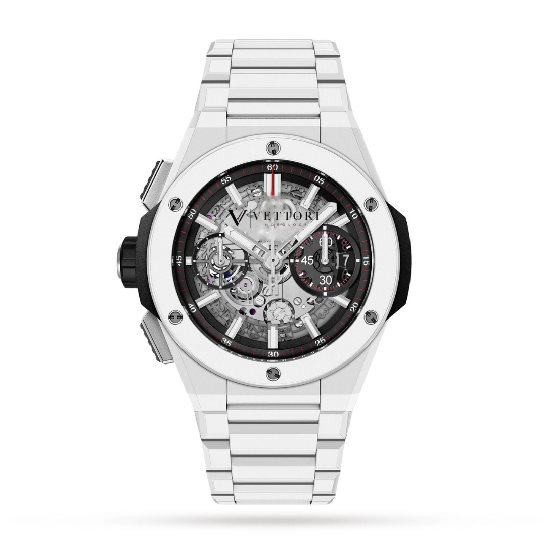 Vettori Fusion Chronograph 42mm – Black Skeleton Dial | White Case & Black Rubber Strap