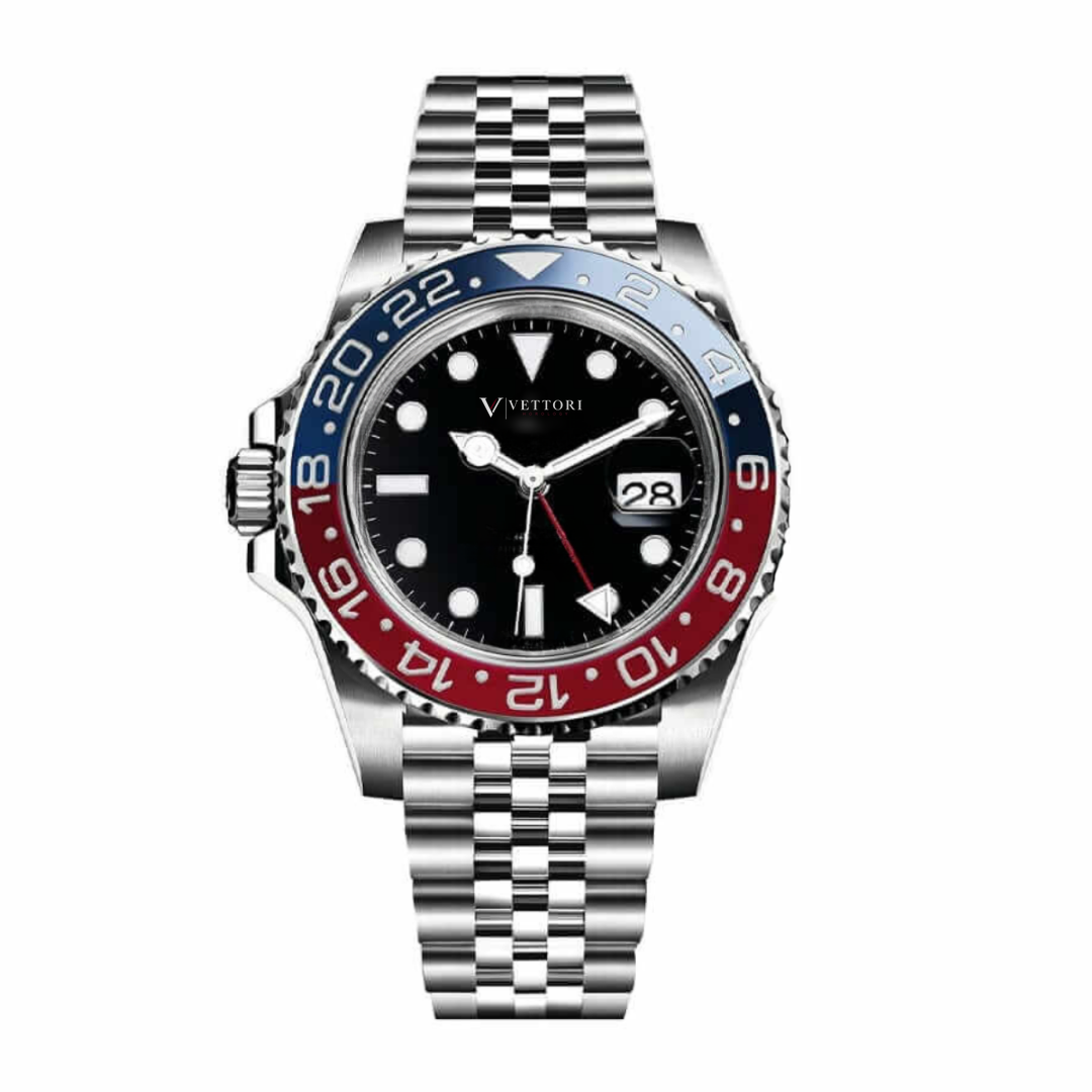 Vettori GMT Traveller 40mm – Black Dial | Stainless Steel Jubilee Bracelet & Red-Blue Ceramic Bezel